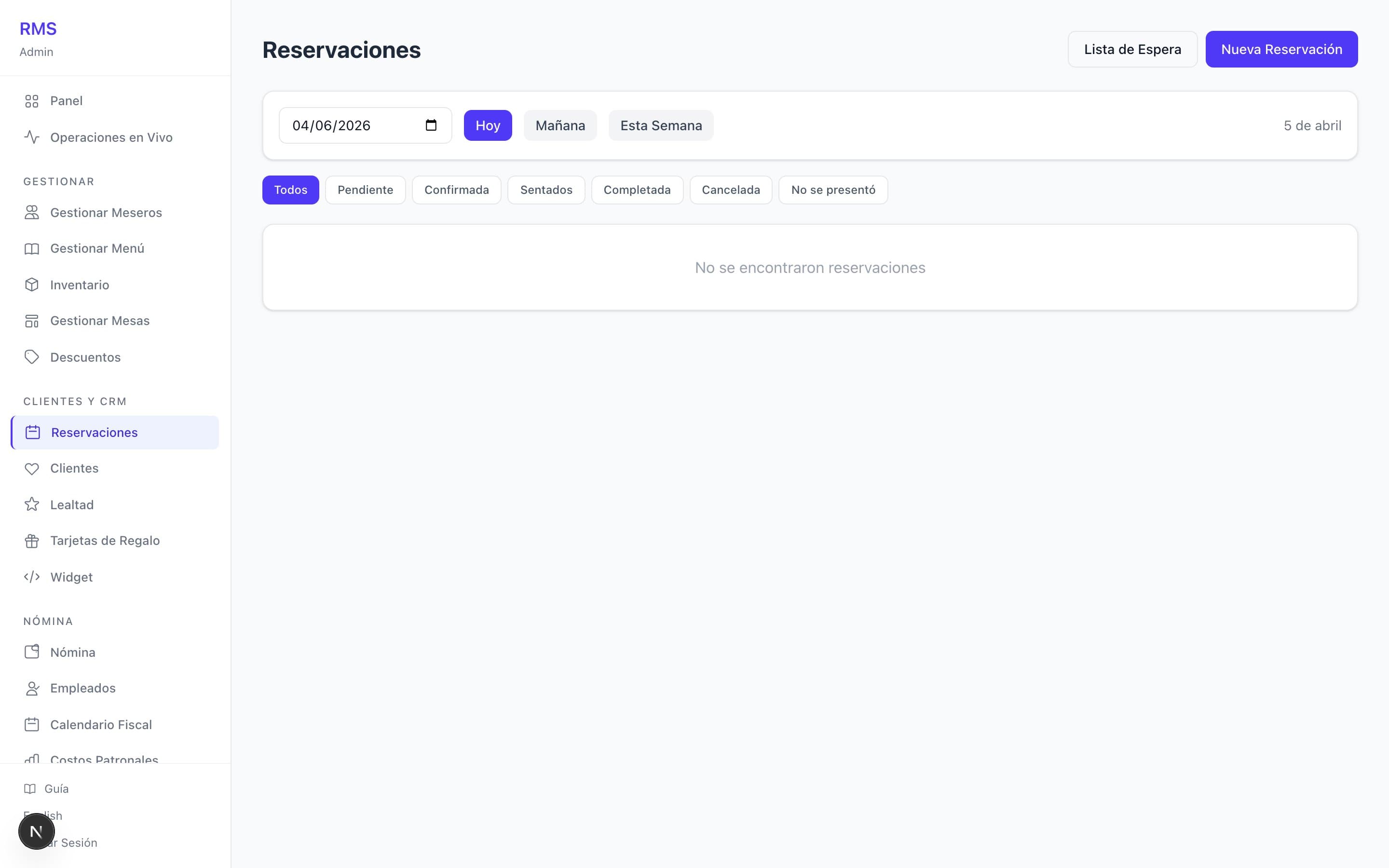 Reservations page with date picker and waitlist management