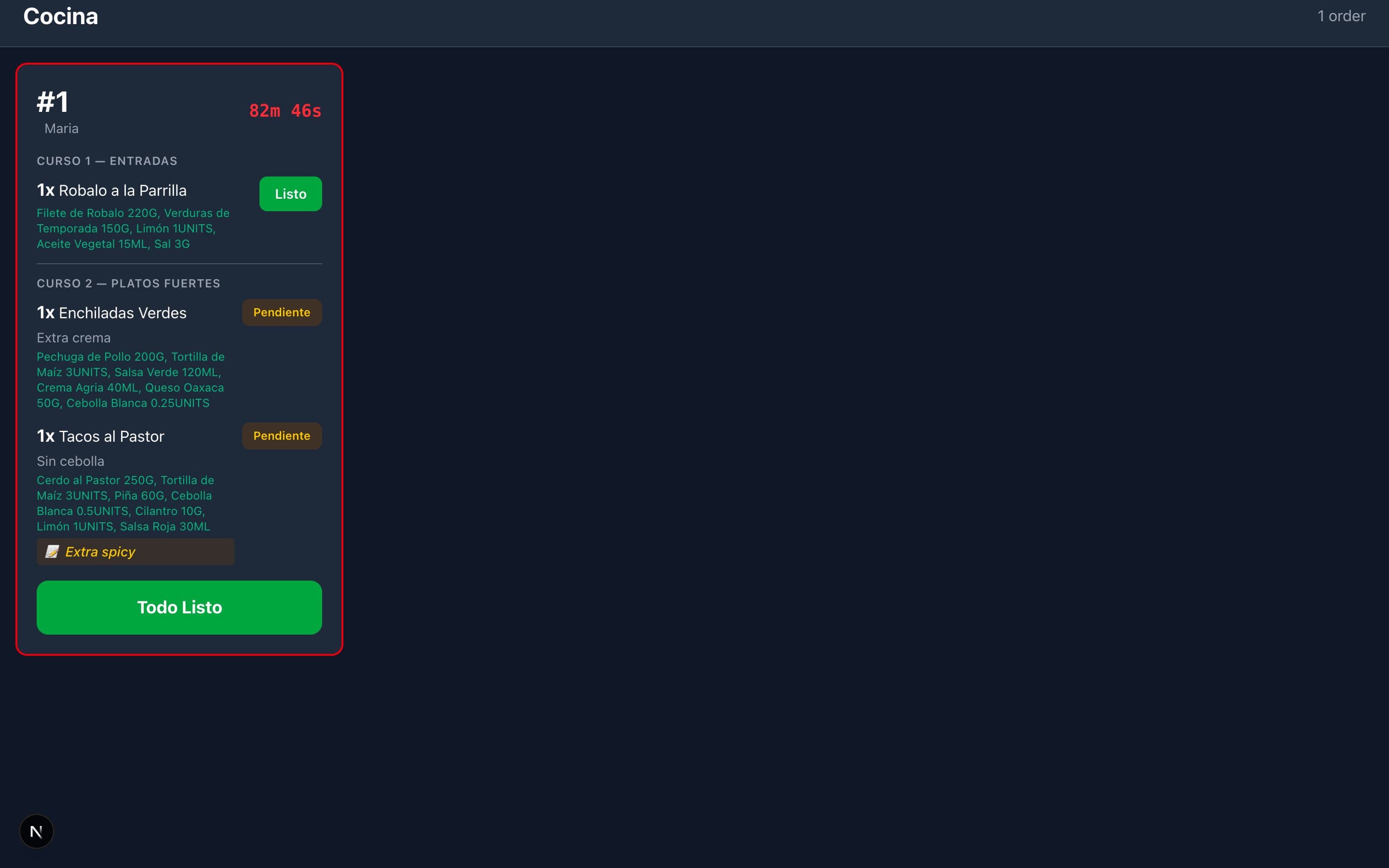 Kitchen display showing live orders grouped by table with elapsed time